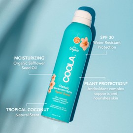 COOLA Organic Sunscreen SPF 30 Sunblock Spray, Dermatologist Tested Skin Care for Daily Protection, Vegan and Gluten Free, Tropical Coconut, 6 Fl Oz