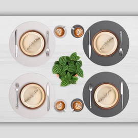 Myir JUN Round Table Placemats Set of 4 Faux Leather Place Mats and Coasters 15 inch Round Dual Sided Non-Slip Stain Resistant (Gray & Beige, Set of 4)