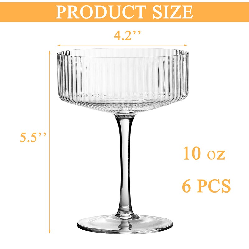 2 Pcs Ribbed Coupe Cocktail Glasses, 10 oz Classic Hand