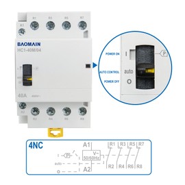 Baomain Manual Household AC Contactor 220VAC 40A 4 Pole Normally Closed 50/60Hz Modular Contactor Circuit Control 35mm DIN Rail 4NC HC1-40M/04 (40 Amp.)