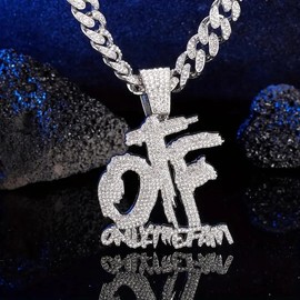 1pc Unisex OTF Letter Pendant Necklace - Trendy Hip Hop Inspired Iced Out Bling Cuban Chain Unisex Jewelry - Perfect Punk Gift for Men Women, Ideal Fathers Day Gift, Miami Style Bling Necklace - Colour: Sliver