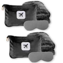 RELANSON 2 Pack Portable Travel Blanket and Pillow - Premium Soft 2 in 1 Airplane Blanket with Compact Pack Soft Bag Pillowcase, Hand Luggage Sleeve and Backpack Clip (Gray)