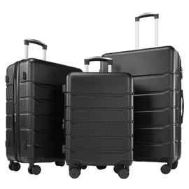 Sweetcrispy Carry on Luggage, Hard Shell ABS, Double Spinner Wheels Lightweight Suitcase TSA Lock, Natural Black, 3-PCS Set (20/24/28 Inch)