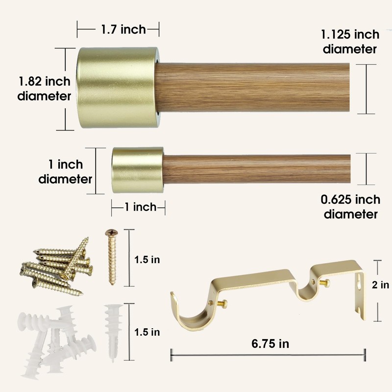 ILAISIHOME 1-1/8 Inch Diameter Wood color Curtain Rods with Cap