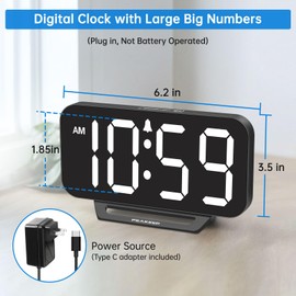 Peakeep Small Digital Alarm Clock for Bedrooms, Loud for Heavy Sleepers Adults, Dimmable Plug in Electric Large Numbers Clock Battery Backup, Slim Clock for Table Office Modern Living Room (BW)