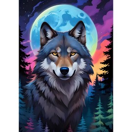 QQYRHN Moon Diamond Painting Kits for Beginners Adults,5D Wolf Diamond Art Kits, DIY Round Full Drill Forest Diamond Dots Diamond Gem Art with Painting Kits for Home Wall Decor 12x16 Inch