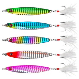 Saltwater Fishing Lures Spoon Jigs, 5pcs Surf Fishing Lures Vertical Flat Jigging Spoons Kit Long Casting Diamond Jigs Metal Trolling Spoon for Tuna Amberjack Kingfish Snapper Striper Bluefish