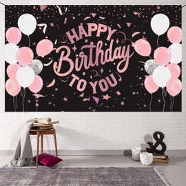 Black and Pink Happy Birthday Banner Backdrop Pink White Balloons Happy Birthday Party Banner Photography Background Birthday Party Decorations