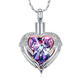 Minicremation Stainless Steel Urn Necklace Angel Wing Heart Pendant for Ashes for Women Memorial Human Ashes, Stainless steel zirconia stone, Zircon Diamond Amber