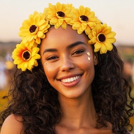 GORTIN Boho Sunflower Crown with 11 Flowers, Fabric & Faux Leather Hair Band, Handmade Floral Headpiece for Women and Girls