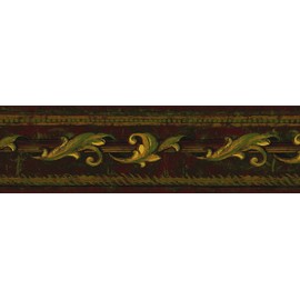 CONCORD WALLCOVERINGS ™ Wallpaper Border Damask Pattern Faux Ornament Leaves on Dark Background for Bedroom Living Room Dining Area Bathroom, Burgundy Green Gold, 15 Feet by 7 Inches ED1782B