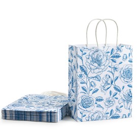 WRAPAHOLIC Medium Kraft Floral Paper Gift Bags - Vintage Toile Blue Floral Party Favor Bags for Birthday, Bridal Shower, Wedding, Baby Shower (Pack of 12)
