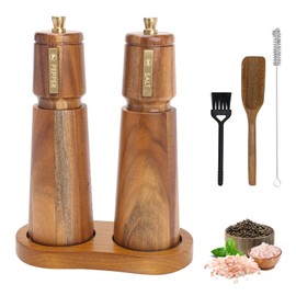 Foyucool Wooden Salt and Pepper Grinder Set with Brush and Spoon, 8 Inch Manual Salt and Pepper Mill, Adjustable Coarseness, Refillable Pepper Grinder with Ceramic Core for Kitchen, Brown