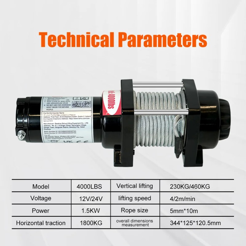 4000LBS 1.8T Wireless Remote Control Electric Winch 12V 24V Waterproof