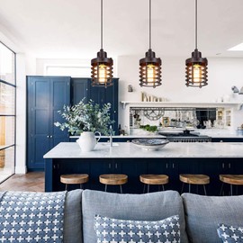 PIHAPPY Retro Vintage Barn Ceiling Hanging Lamp Pendant Light Rustic Adjustable Mini Metal Cage Shade Modern Light Fixture 3 Pack Without BLUBS (Bronze)