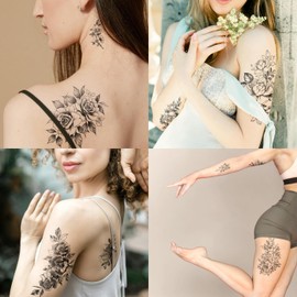 Half Arm Black Floral Temporary Tattoos for Adults - Long Lasting Realistic Tattoos for Women - Waterproof Large Flower and Rose Tattoos for Sleeve, Back, Legs