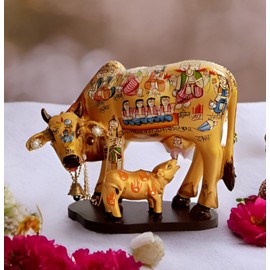 Purpledip Resin Idol Kamdhenu Wish Cow & Calf: Hindu Gods Painted Good Luck Statue (10103B)