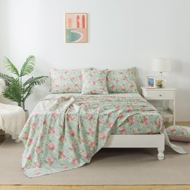 FADFAY Sheets Set Full Pink Rose Floral Bedding Shabby Yellow Peony Bed Sheet Set Vintage Farmhouse Bedding Cotton Soft Breathable Bedding with Deep Pocket Fitted Sheet 4Pcs, Full Size