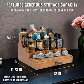 SeLuM Cologne Watch Organizer Walnut Brown – Wooden Perfume Display Stand with Jewelry Storage Drawer, Velvet Lining, Hidden Compartment – Large Cologne Holder – Gift Box Included