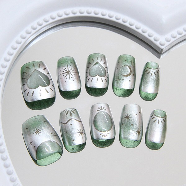 Valentines Press on Nails Love Heart Stick on Nails Green