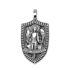 LA BLINGZ Oxidized Sterling Silver Saint Michael Archangel Shield Pendant for Men – Spiritual Protection Necklace – Optional Rolo Chain (Pendant (no chain))