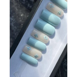 Handmade CUSTOM Gel Press On False Nails, BLUE W FLOWERS BLING, NEW 10p Set Med Square