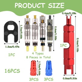 Presta Valve Cores and Remover Tool Kit, 16PCS Universal Bicycle Presta Valve Core Replacement Set, Copper Tubeless Valve Core, and Alloy Bike Tire Caps for Road and Mountain Bikes