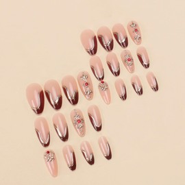 MERVF Medium Press on Nails Almond Fake Nails Wine Red 3D Gold French Tip Glue on Nails Flower Rhinestones Press ons with Swirls Design Stiletto Acrylic Nails 24pcs Glossy