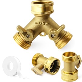 2 Way Hose Splitter Set, 3/4" Heavy Duty Garden Hose Bib Splitter + 2 Pack Garden Hose Shut Off Valve, Brass Material, Extra Teflon Tape. (Brass handle)