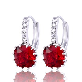 GULICX 925 Sterling Silver Red Huggie Hoop Earrings Garnet Color Princess Cut Square Stone Zircon