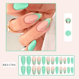 Almond Press on Nails Green False Nails Medium Almond Shaped French Tip Design Artificial Nails Acrylic Gold Fake Nails Glossy Full Cover Static Nails DIY Manicure Decoration with Adhesive Tabs for Women Girls 24Pcs