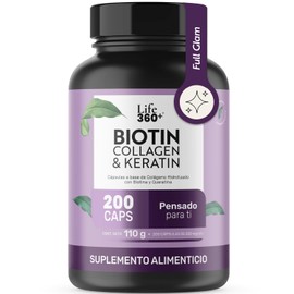 LIFE 360 Collagen Biotin Keratin  200 Cápsulas  Biotina, Queratina y Colageno Hidrolizado  Cuidado de Piel, Cabello y Uñas, Suplemento Alimenticio a  