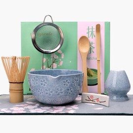 Joyscale Matcha Whisk Set, Matcha Set Whisk And Bowl, 8 Pcs Matcha Kit Set(Wide Cherry Blossom Design), 14 OZ, Japanese Matcha Tea Set, Matcha Making Kit Gifts for Tea Lovers(Mottled Blue)