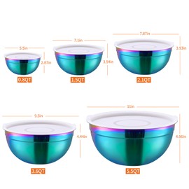 Onlycooker Rainbow Mixing Bowls With Airtight Lids,Stainless Steel Bowl,Salad Bowls 5 Piece Colorful Nesting Bowl Rainbow Kitchen Accessories,Size 5.5,3.6,2.7,2.1,1.5,QT Stackable Design