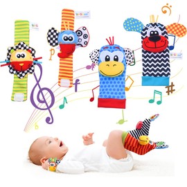 GGUFAY 4 x rattle baby socks, baby toy, wrist and newborn toy for babies, girls, boys, early education toy for newborns, toddlers, toy for baby toys, 0-6 months