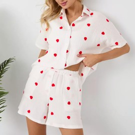 Celucke Women's Soft Breathable Lapel Short Sleeve Pajama Set with Heart Print for All Seasons Comfortable Home Wear, Satin Pyjamas For Women, Pj Shorts Set, Ladies Comfort Lounge Wear Nightwear