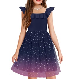 Arshiner Tulle Dresses Girls Short Sleeve Ruffle Neck Star Sequin Formal Color Gradient Summer Tutu Dresses