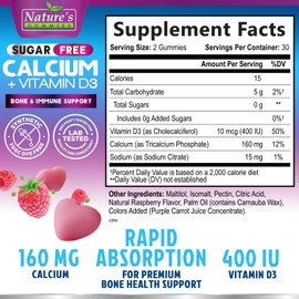 Calcium Supplement Gummies - Sugar Free Calcium Gummy with 400 IU Vitamin D3 for Best Absorption - Supports Immune Health, Bones & Teeth - Nature's Calcium Chews for Women & Men - 120 Gummies