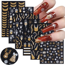 Christmas Nail Art Stickers, 6 Sheets White Gold Snowflake Nail Decals 3D Self Adhesive Nail Stickers Elk Wave Line Bells Xmas Tree Nail Design Winter Nail Supplies for Women Girls Nails Decoration