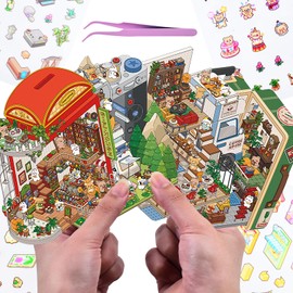 4 Sets DIY 3D Fun Mini House Scene Stickers with Tweezer Make Your Own Collection Campsite Coffee Gift Shop Sticker Scenes Cute Animal Micro Stickers for Relief Stress Pass The Time