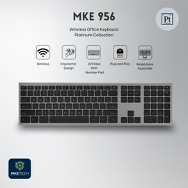 MKETech Electronics Wireless Keyboard with 109 Keys, 2.4G, 6 Shortcut Keys, Number Pad, Ergonomic,Quiet Click for PC/Laptop/Windows/Mac-Grey MKE 956