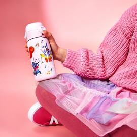 Ion8 Kinder Trinkflasche, Edelstahl 400ml, Auslaufsicher, Einhandöffnung, Sichere Verriegelung, Spülmaschinenfest, Klappdeckel, Tragegriff, Leicht zu Reinigen, Langlebig, Tierband Design