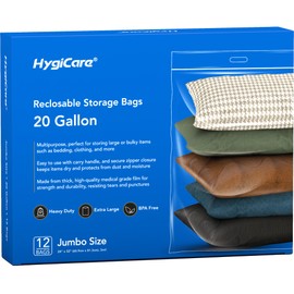 HygiCare Reclosable Storage Bags, 20 Gallon, 12 Count, 3mil Thick, Heavy Duty, Easy to Use with Carry Handle, Reusable, 24""x32", Perfect for Bedding, Clothes, Travel and Moving