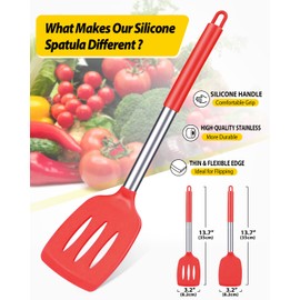 Pack of 2 Silicone Solid Turner,Non Stick Slotted Kitchen Spatulas,High Heat Resistant BPA Free Cooking Utensils,Ideal Cookware for Fish,Eggs,Pancakes (Red)