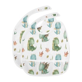 Caikeny Baby Feeding Bibs Dragon Watercolor Bird Infant Drooling Bibs Dinosaur Food Bibs with Pocket for Toddler Girls Boys Set of 2