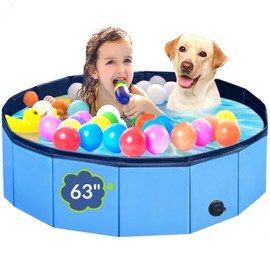 Dog Pool, Foldable Pet Swimming Pool with 6mm High-Strength PP Board, Hard Plastic Collapsible Doggy Pools for Small Dogs Kitty Duck, Non-Slip Doggie Bathtub Quick to Set Up and Drainage Hole, 63"