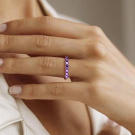 CAIDIKA Amethyst Band Ring 925 Sterling Silver Stackable Birthstone Rings for Women 5A Cubic Zirconia Purple Eternity Band 7 Stone Ring Wedding Bands for Men, Size 9