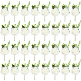 Retrowavy 32 Pieces Ivory Rose Boutonniere pins for Men Groom and Best Man Boutonnieres with Pins Groom Boutonniere with Artificial Fake Corsage for Wedding Prom Ceremony Anniversary Dinner