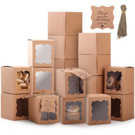 GeeRic 20 Piece Kraft Paper Folding Box, 3.3 x 3.3 x 3.9 inches (8.5 x 8.5 x 10 cm), Gift Box, Cardboard, Wrapping, Clear Window, Rectangular, Accessory, Candy, Sweets, Stylish, Present Box, Brown