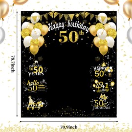 50th Birthday Decorations Large 50 Birthday Banner Photography for Women Men, Black Gold Funny Fifty Years Bday Photo Booth Props Party Supplies for Outdoor Indoor